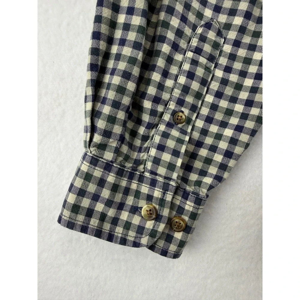 Eddie Bauer Button Down Shirt Mens Large Tall Navy Green Gingham Plaid‎ Cotton
